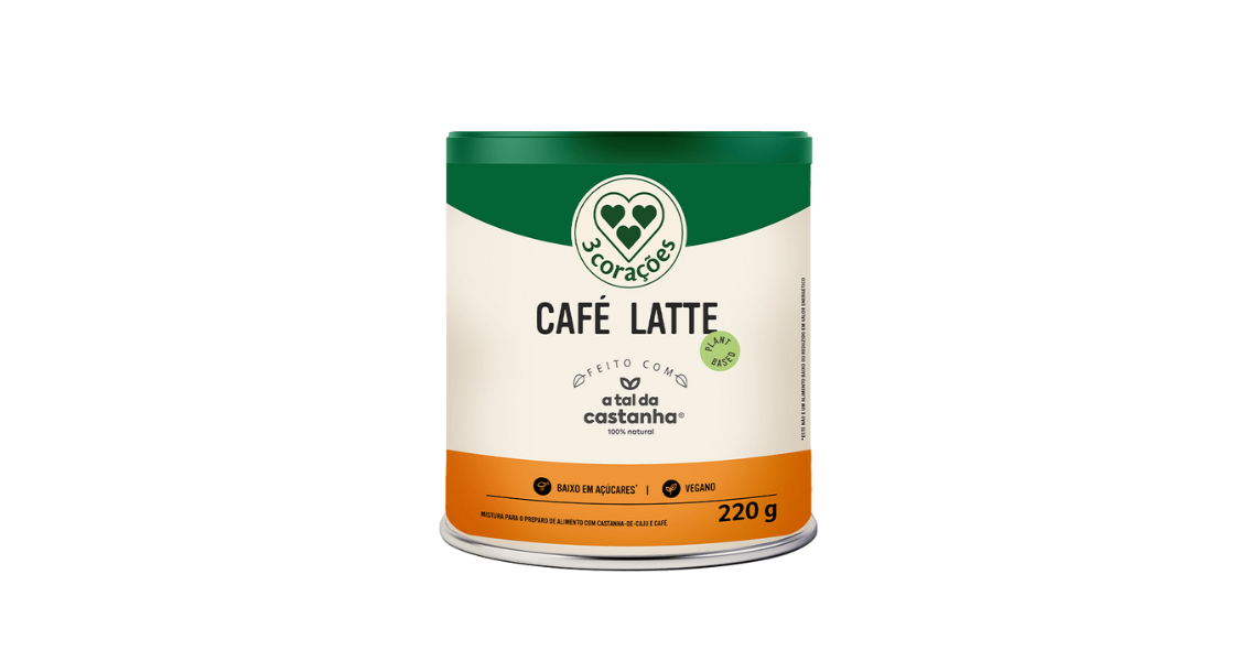 A imagem mostra uma embalagem do produto Café Latte da marca 3 Corações, feito em parceria com A Tal da Castanha, uma marca conhecida por produtos vegetais naturais.