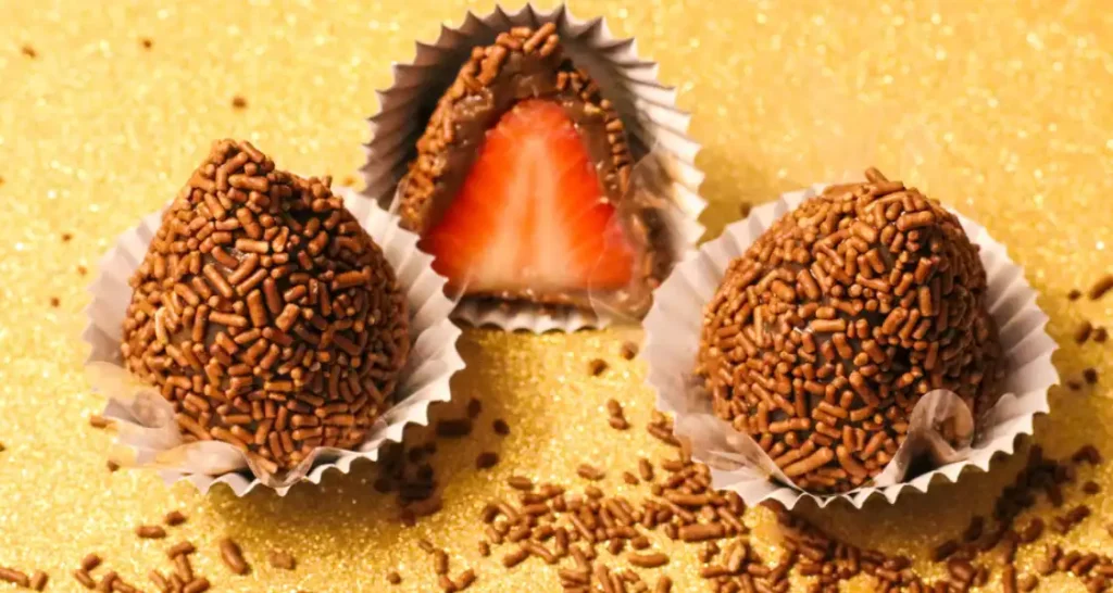 Três brigadeiros tradicionais com cobertura de chocolate granulado, um deles cortado ao meio revelando uma recheio de morango e chocolate, sobre fundo dourado com granulados ao redor.