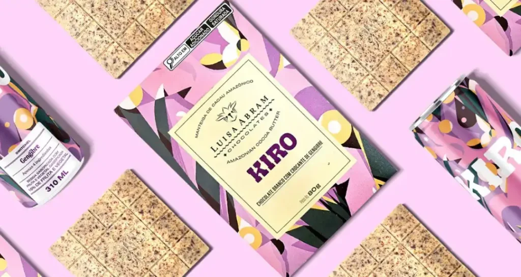 Barra de chocolate Kiro com embalagem decorativa e sabor gengibre, destacando ingredientes naturais e produção artesanal na Amazônia.