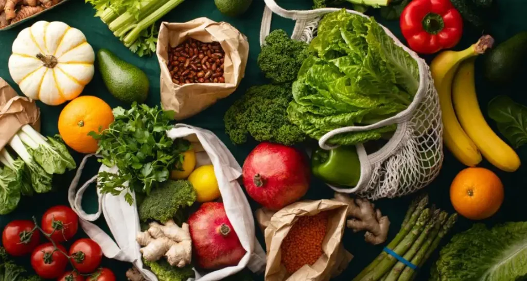 Imagem de uma variedade de verduras e frutas frescas, incluindo tomate, alface, abóbora, banana, pimentão, gengibre, brócolis e limão, promovendo alimentação saudável.