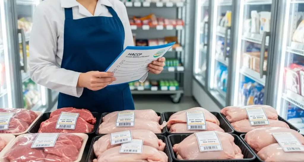 Pessoa fazendo inspeção de carne em supermercado com peças de carne bovina e frango na bancada, verificando etiquetas de qualidade e segurança alimentar.