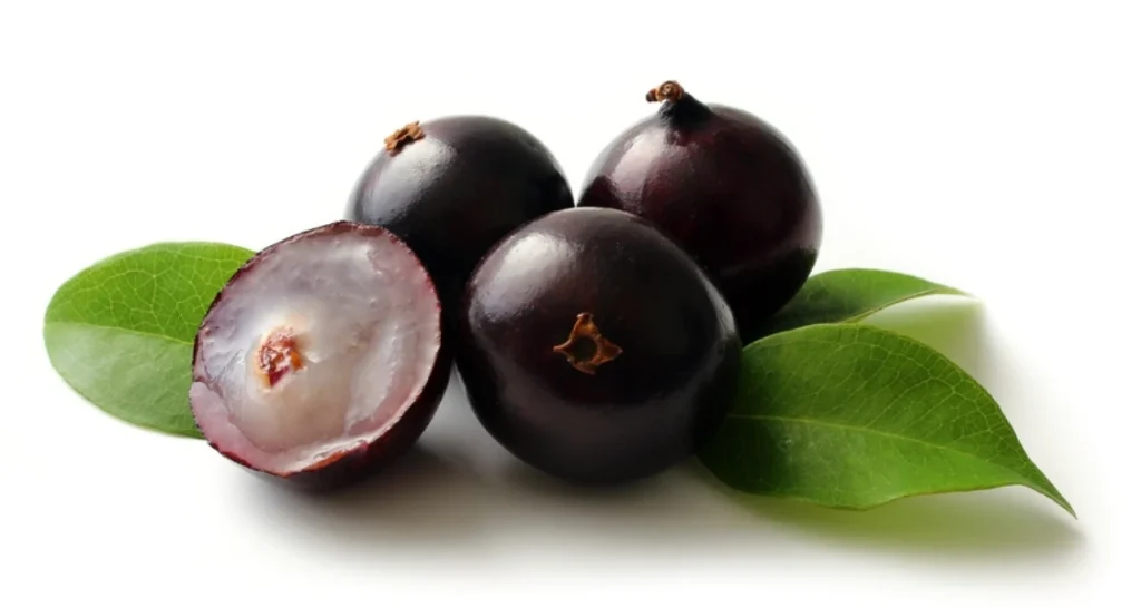 Imagem de jabuticabas frescas com folhas verdes, destacando suas cores vibrantes e textura suculenta.