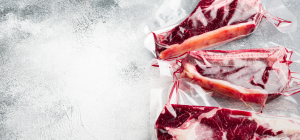 A imagem mostra cortes de carne vermelha embalados a vácuo, dispostos sobre uma superfície fria e com aparência congelada. Essa apresentação está diretamente relacionada ao armazenamento adequado de carnes congeladas.