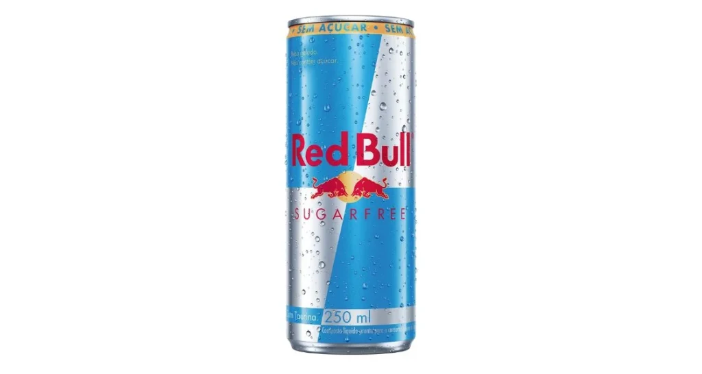 Lata de Red Bull sem açúcar de 250ml, bebida energética popular para aumentar energia e foco, exibida em fundo branco.