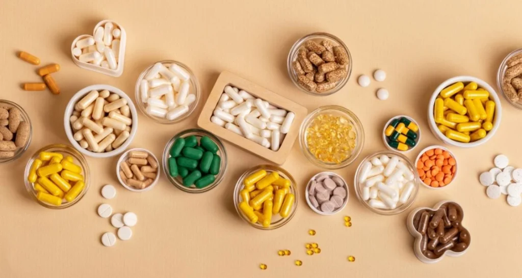 A imagem apresenta uma composição organizada e visualmente atraente de suplementos alimentares, exibidos em cápsulas, comprimidos e pastilhas, sugerindo a crescente tendência do uso de nutracêuticos e alimentos funcionais como parte da alimentação do futuro.