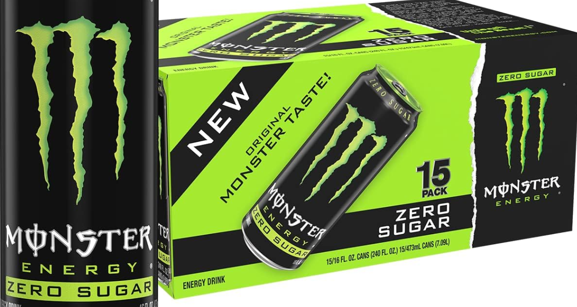 A imagem mostra a embalagem e a lata do Monster Energy Zero Sugar, uma das versões da famosa bebida energética Monster.