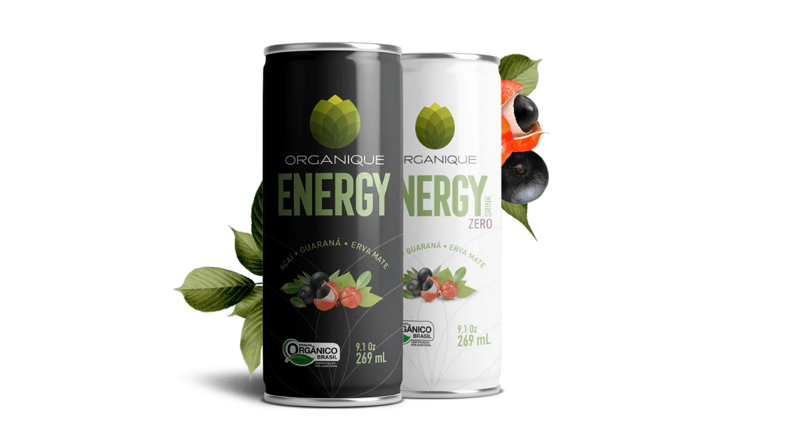 A imagem mostra duas latas de bebida energética da marca Organique Energy, com design moderno e aparência premium. Ambas as latas têm capacidade de 269 mL (9.1 oz) e trazem destaque para ingredientes naturais:

Açaí

Guaraná

Erva-mate