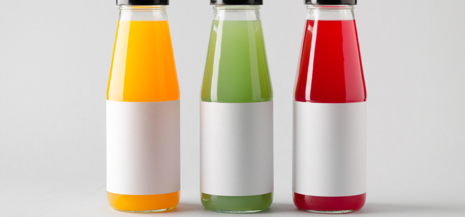 A imagem mostra três garrafas de vidro alinhadas lado a lado, com tampas pretas e rótulos brancos lisos (sem identificação). Cada garrafa contém um líquido colorido diferente, sugerindo bebidas como sucos, águas funcionais ou bebidas enriquecidas.