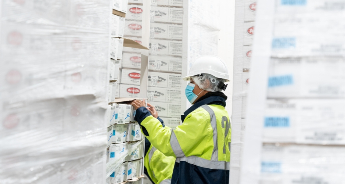 A imagem mostra um profissional trabalhando em um ambiente de armazenagem congelada — evidenciado pela vestimenta de proteção e o tipo de embalagem dos produtos.