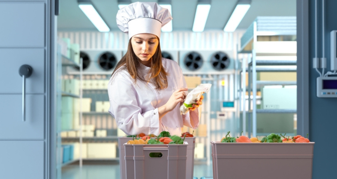 A imagem mostra uma profissional da área de alimentos, possivelmente uma chef ou técnica em nutrição, manipulando alimentos frescos em um ambiente refrigerado.
