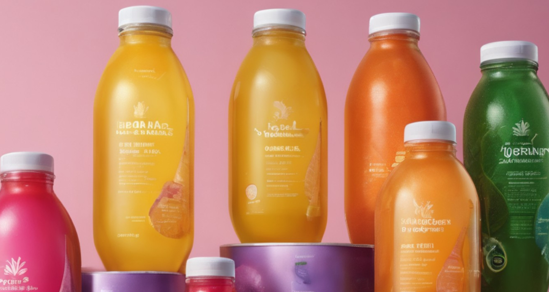 A imagem mostra uma seleção de garrafas de bebidas coloridas, dispostas em um fundo rosa, com design moderno e aparência saudável, remetendo a bebidas funcionais, detox ou sucos naturais prensados a frio.