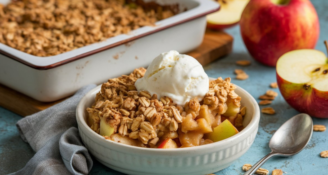 A imagem mostra uma sobremesa servida em uma tigela branca contendo uma porção de crumble de maçã — uma mistura de pedaços de maçã cozida coberta por uma crosta dourada de aveia e açúcar mascavo. Por cima, há uma generosa bola de sorvete de baunilha, parcialmente derretendo sobre o crumble quente.