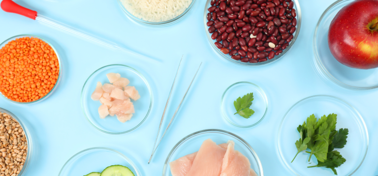 A imagem apresenta diversos ingredientes alimentícios — como lentilhas, grãos, feijão vermelho, pedaços de frango cru, pepino, maçã e ervas frescas — dispostos em placas de petri e utensílios de laboratório sobre um fundo azul-claro. Essa disposição sugere um ambiente de laboratório de pesquisa alimentar ou de controle de qualidade