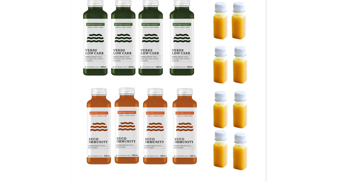 A imagem é um mockup (apresentação de produto) que exibe um kit ou uma seleção de sucos engarrafados da marca Detox Market, organizados em duas linhas principais e uma coluna lateral de shots.