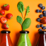 A imagem é uma fotografia de estúdio com uma composição visualmente agradável, apresentando uma linha de garrafas de suco e seus respectivos ingredientes em um fundo laranja vibrante.