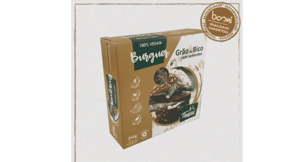 Pacote de burger vegano feito de grão de bico com sementes.