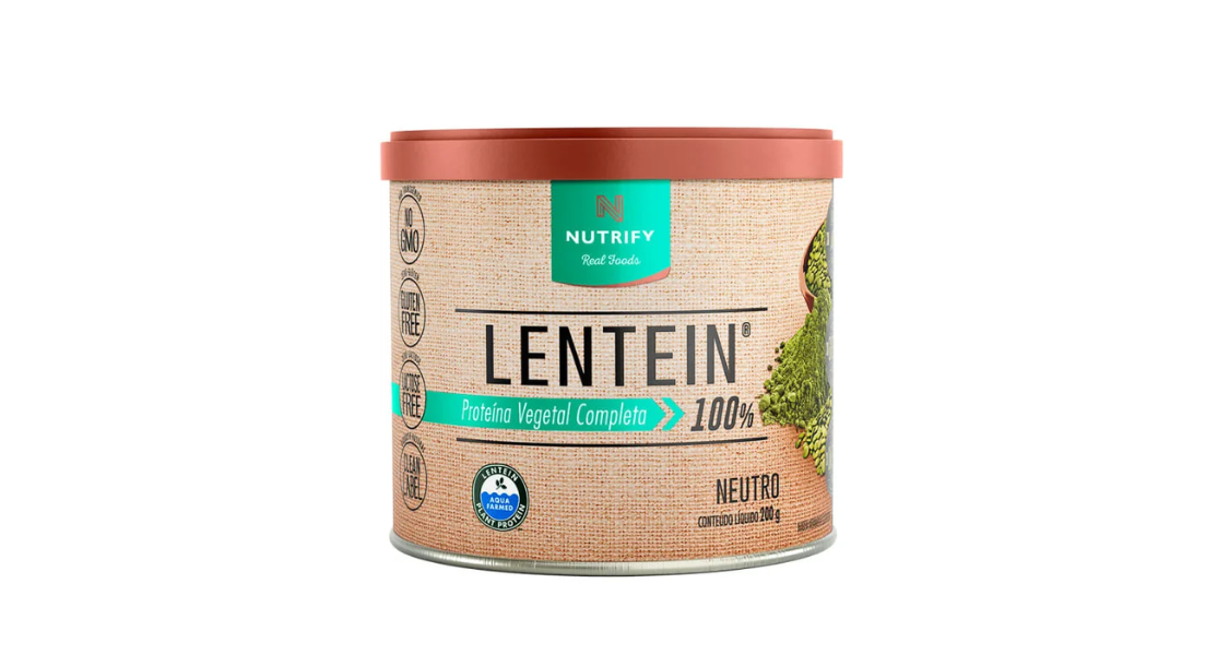 Imagem de embalagem de proteína vegetal Lentein, neutra, com design sustentável e informações nutricionais destacadas.