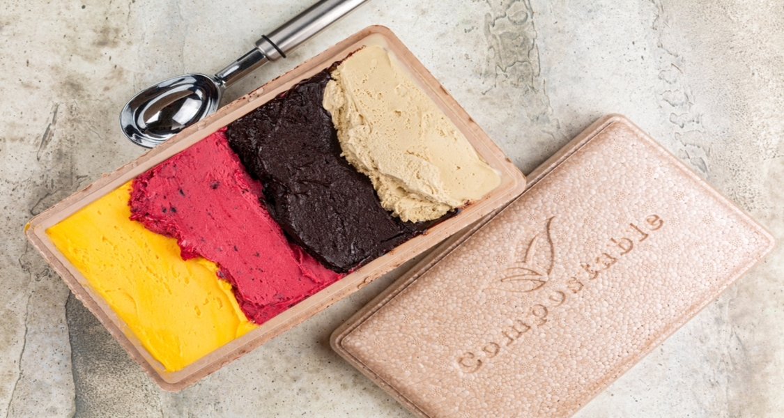 A imagem mostra uma caixa retangular aberta contendo quatro sabores de sorvete artesanal dispostos lado a lado. Cada sabor ocupa uma faixa bem definida: um amarelo vibrante, um rosa intenso, um marrom escuro e um tom bege claro, criando um contraste visual marcante entre as cores e texturas.