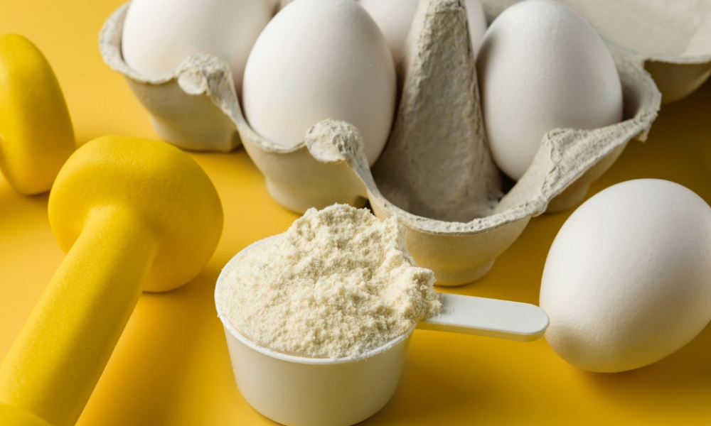 A imagem apresenta uma composição relacionada à nutrição e suplementação proteica, com elementos que remetem a alimentação saudável e fitness.