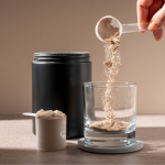 Esta imagem captura o preparo de um suplemento em pó, com uma estética limpa e moderna.