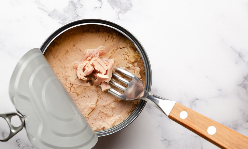 A imagem de uma lata de atum aberta serve como um exemplo prático de alimento funcional e acessível.