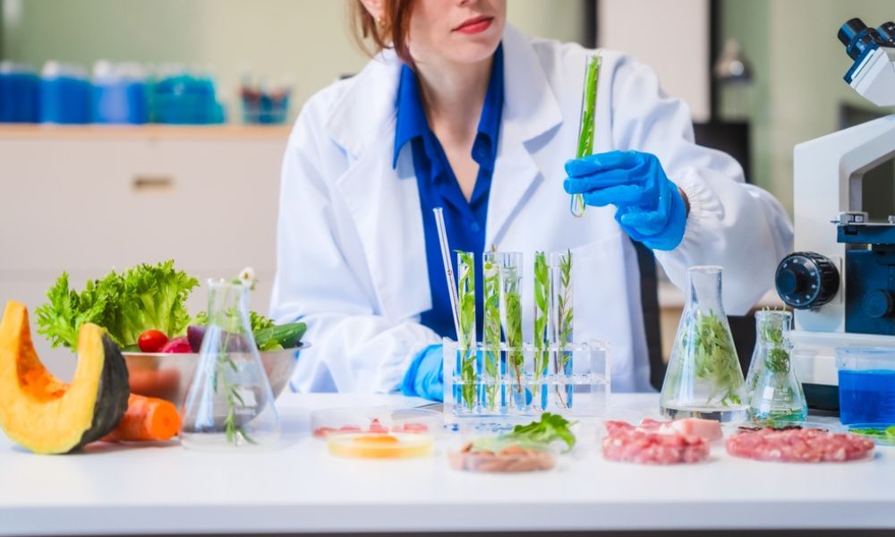 Uma cientista de laboratório analisando amostras vegetais em tubos de ensaio, cercada por alimentos e equipamentos de testes.
