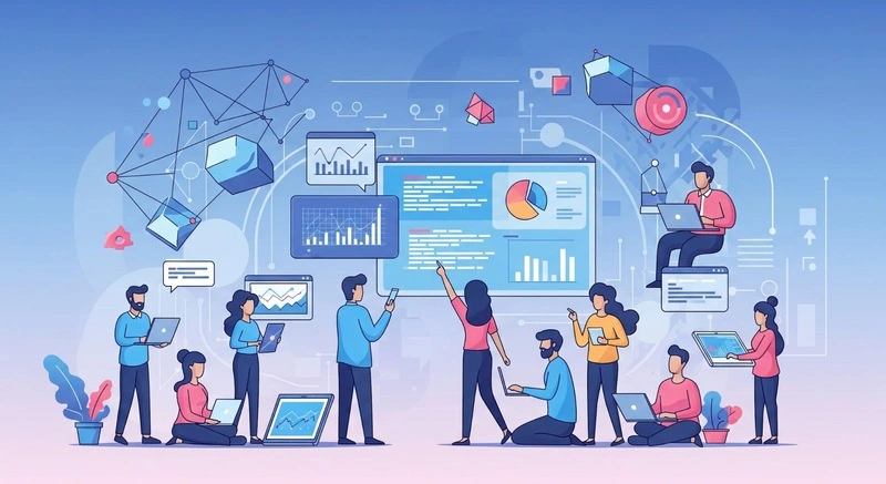 ilustração de funcionários elaborando um projeto de transformação digital