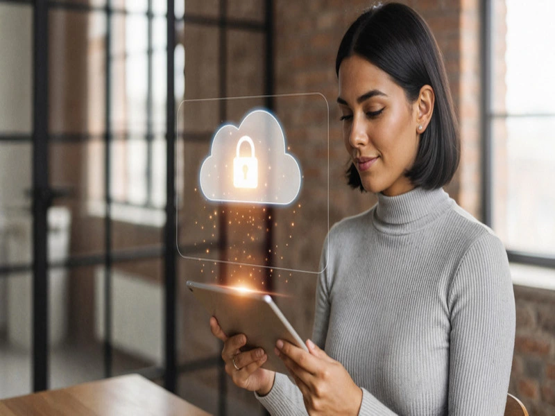 mulher de cabelo curto e blusa cinza usa um tablet, que mostra um cadeado sobre a tela