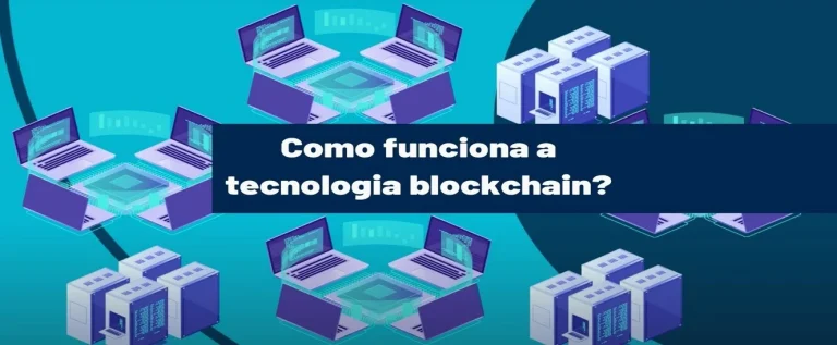 arte com computadores azuis e escrito como funciona o blockchain