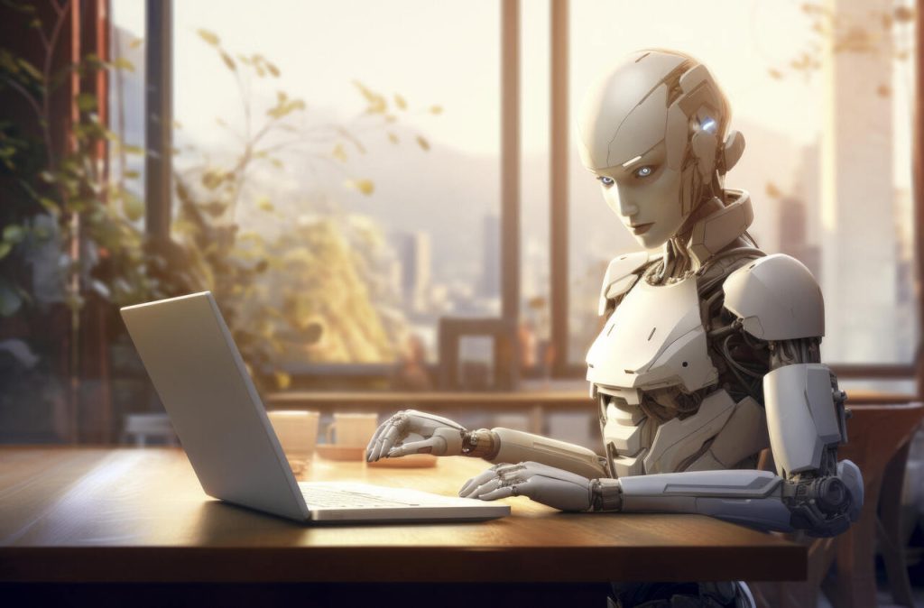 robô humanoide usando um notebook