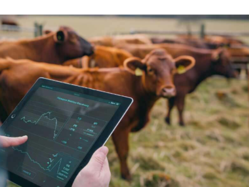 A imagem mostra uma aplicação de IoT (Internet das Coisas) na pecuária, mais especificamente no monitoramento digital de rebanhos.