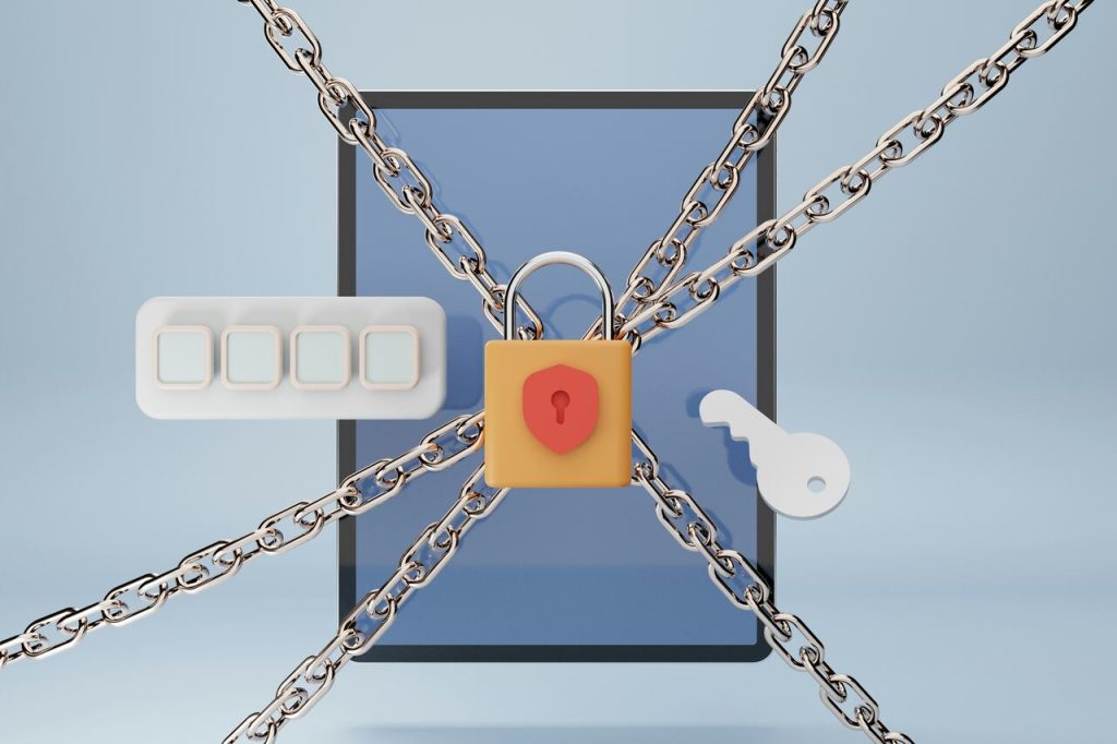 tablet com tecnologia blockchain na saúde protegido com chaves, senhas e cadeado