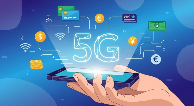 ilustração do impacto do 5g nos pagamentos digitais, com pessoa segurando celular e aparecendo diferentes métodos de pagamento