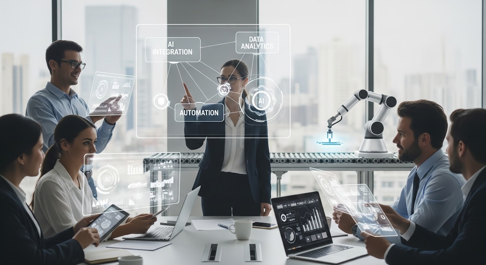 A imagem mostra uma reunião corporativa em um ambiente moderno e tecnológico, com foco em Inteligência Artificial e automação.