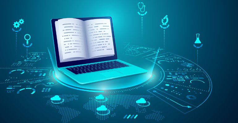 livro aberto dentro de um notebook, representando a transformação digital na educação