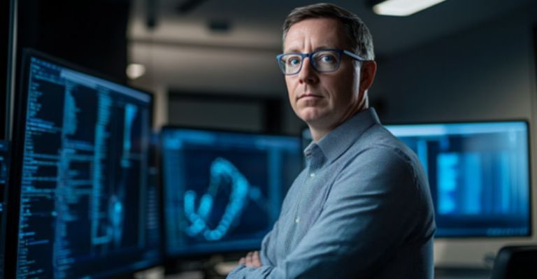 Retrato realista de um executivo de TI em um escritório corporativo moderno, monitorando a infraestrutura de redes privativas com múltiplas telas exibindo análises de segurança cibernética.