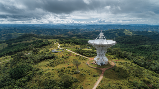 Vista aérea de unidade industrial conectada por rede híbrida via satélite, ilustrando a aplicação estratégica da conectividade via satélite no Brasil