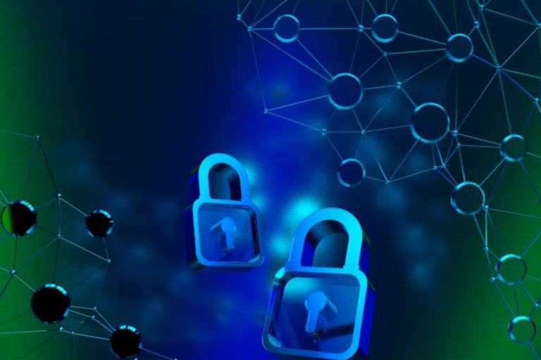 Dois cadeados digitais azuis e brilhantes flutuam sobre um fundo de rede neural azul e verde, simbolizando a cibersegurança, a proteção de dados e a segurança da informação.