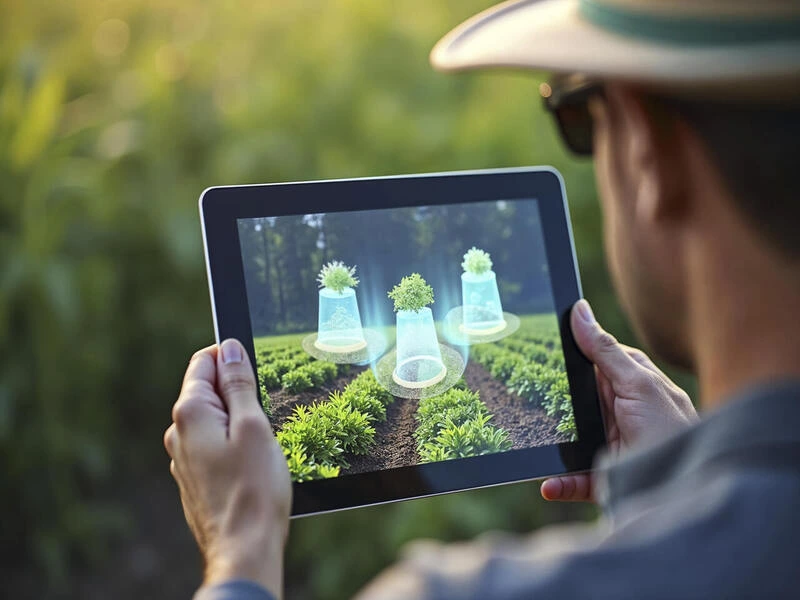 gestor do agronegócio usando um tablet no campo após ir em palestra de conectividade rural no futurecom 2025