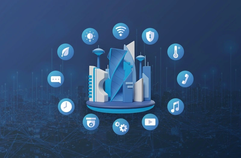 arte com símbolos que representam onde podem ser aplicados os gêmeos digitais em cidades inteligentes