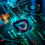 A imagem é uma representação visual abstrata e futurista de segurança cibernética e tecnologia digital.