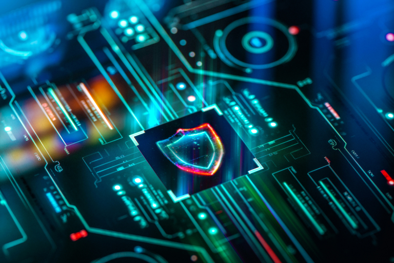 A imagem é uma representação visual abstrata e futurista de segurança cibernética e tecnologia digital.