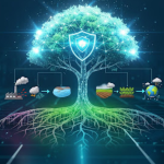 A imagem apresenta uma grande árvore estilizada, com aparência digital e tecnológica, representando um ecossistema conectado. O tronco e os galhos são formados por linhas luminosas, como circuitos, sugerindo integração entre natureza e tecnologia. No topo, no centro da copa, há um escudo com um símbolo de proteção, indicando segurança, preservação ou defesa ambiental.