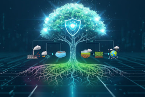 A imagem apresenta uma grande árvore estilizada, com aparência digital e tecnológica, representando um ecossistema conectado. O tronco e os galhos são formados por linhas luminosas, como circuitos, sugerindo integração entre natureza e tecnologia. No topo, no centro da copa, há um escudo com um símbolo de proteção, indicando segurança, preservação ou defesa ambiental.