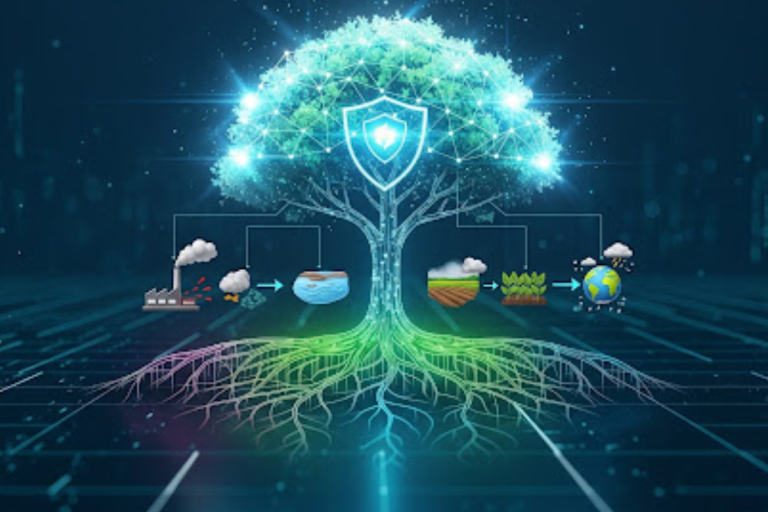 A imagem apresenta uma grande árvore estilizada, com aparência digital e tecnológica, representando um ecossistema conectado. O tronco e os galhos são formados por linhas luminosas, como circuitos, sugerindo integração entre natureza e tecnologia. No topo, no centro da copa, há um escudo com um símbolo de proteção, indicando segurança, preservação ou defesa ambiental.