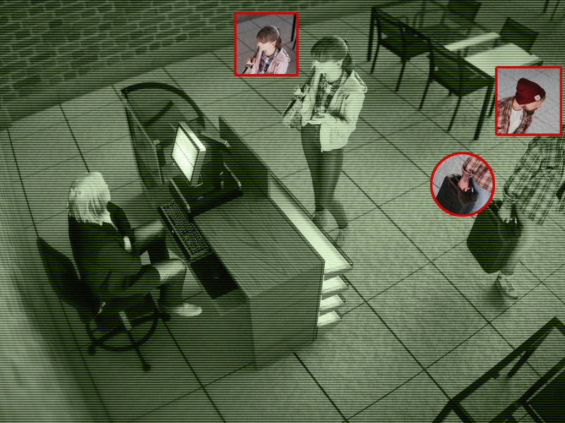 A imagem é uma representação de uma cena de videomonitoramento com características de visão noturna ou infravermelha, sobreposta com indicadores gráficos típicos de sistemas de vigilância inteligente baseada em Inteligência Artificial (IA).