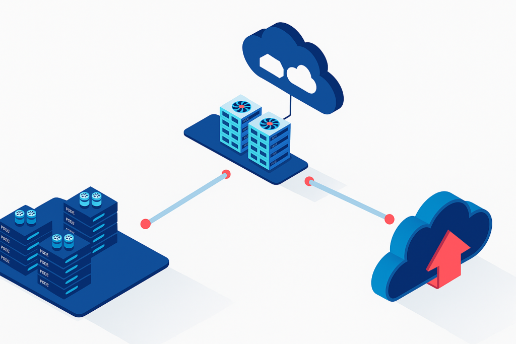 A imagem é uma ilustração isométrica que representa um diagrama de arquitetura de tecnologia da informação ou fluxo de dados, conectando diferentes componentes de infraestrutura digital.