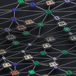 A imagem mostra uma ilustração com um ícone central em formato de globo interligado por linhas e círculos, representando uma rede ou sistema de conexões.