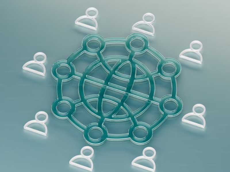 A imagem mostra uma ilustração com um ícone central em formato de globo interligado por linhas e círculos, representando uma rede ou sistema de conexões. Ao redor desse globo, há vários ícones de pessoas estilizadas, dispostos em círculo, simbolizando interação, colaboração ou conectividade entre indivíduos.