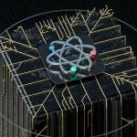 A imagem apresenta um bloco tecnológico tridimensional, semelhante a um grande processador ou servidor de alta capacidade, composto por módulos escuros e texturizados que lembram chips de computador. Desse bloco saem diversas trilhas douradas, como circuitos eletrônicos, que se ramificam em direções diferentes, sugerindo a distribuição de dados, energia ou processamento.